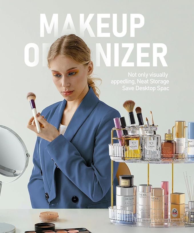 2-Tier Corner Bathroom Organizer Counter - Acrylic Makeup Skincare Organizer with Brush Holder, Perfume Tray for Countertop, Vanity, Dresser, Kitchen（Clear）