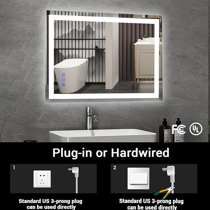 24"x36" LED Bathroom Mirror – Front Lighted Vanity Makeup Mirror, 3-Color Stepless Dimmable, Anti-Fog, CRI 95+, Memory Function, Large Smart Mirror for Wall