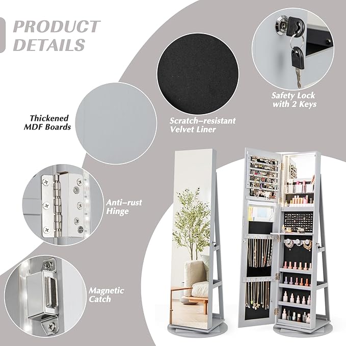 GOFLAME 360° Rotating Jewelry Cabinet with Full-Length Mirror, Freestanding Jewelry Armoire with 3-Color LED Light and Back Storage Shelf, Lockable Jewelry Organizer for Bedroom Cloakroom, Gray