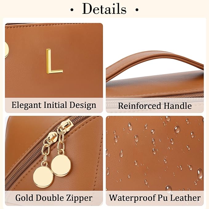 Valentine's Day Gifts for Women Teen Girl, Personalized Initial Makeup Organizer Bag Set, Open Flat Travel Cosmetic Bag With Clear Divider and Handle(Brown,L)
