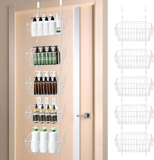 Over The Door Organizer – 5 Removable Hanging Baskets, Back of Door Storage for Bathroom, Kitchen, Pantry & Garage, No Tools Needed, 3 Installation Methods (Wall/Door Mount) White