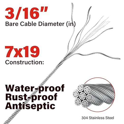 3/16 Stainless Steel Cable, 500ft Wire Rope, 7x19 Strands Aircraft Cable for Deck Cable Railing System, 3700lbs Breaking Strength Marine Grade for Rail, Deck, Clothesline, Yard Zipline