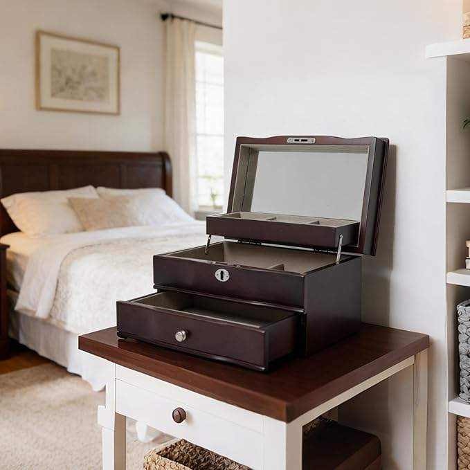 Brown jewelry box,watch cases for men with large Window,3-Tier Storage Organizer And Velvet Lining,jewelry organizers and storage for watches,Tie Pins, Rings