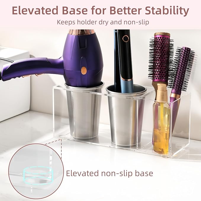Hair Tool Organizer, Hot Tools Organizer Countertop/Wall Mount, Thick Acrylic Hair Tools Organizer with Anti-Slip Steel Cups, Hair Tool Holder for Bathroom & Vanity Storage UEMUSI