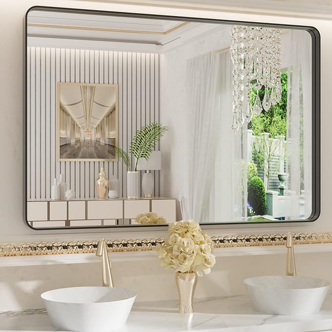 WEER Black Bathroom Mirror 48X32 Inch, Rectangular Black Metal Framed Mirror for Wall, Matte Black Vanity Mirror with Tempered Glass, Anti-Rust, Shatterproof, Hangs Horizontal or Vertical