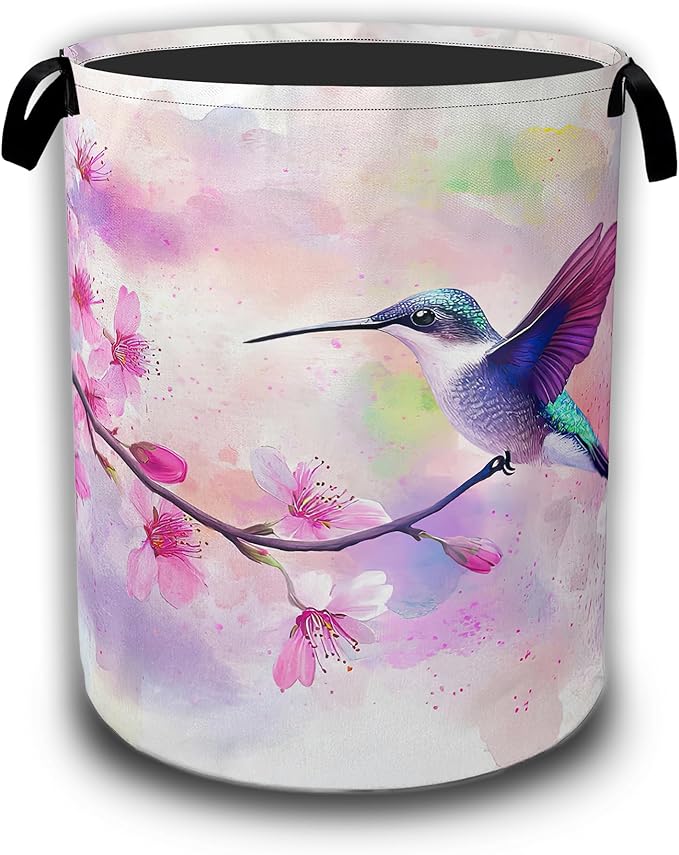 Laundry Basket,Cherry Blossoms and Humming Bird Collapsible Laundry Hamper Waterproof Oxford Cloth With Handles,Storage Bucket Toy Organizer For Bathroom/Bedroom/Nursery,16" x 20.8"
