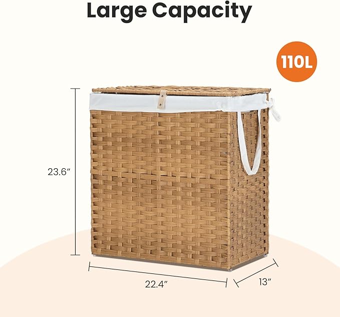 110L Laundry Hamper with Lid, Hand-Woven Pp Rattan Laundry Basket with Compartments & Handles, Removable Liner Bags,Foldable, Narrow Dirty Clothes Basket, Yellow