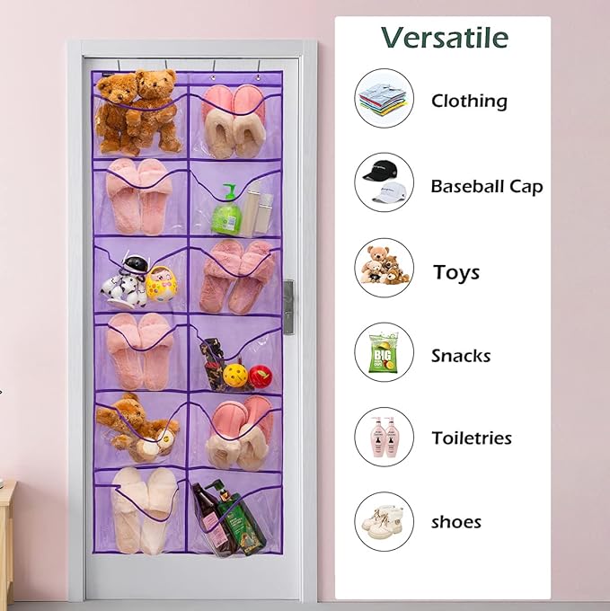 Extra Large Pocket Shoe Organizer - Hanging Shoe Rack with 12 Clear Pockets (Purple)