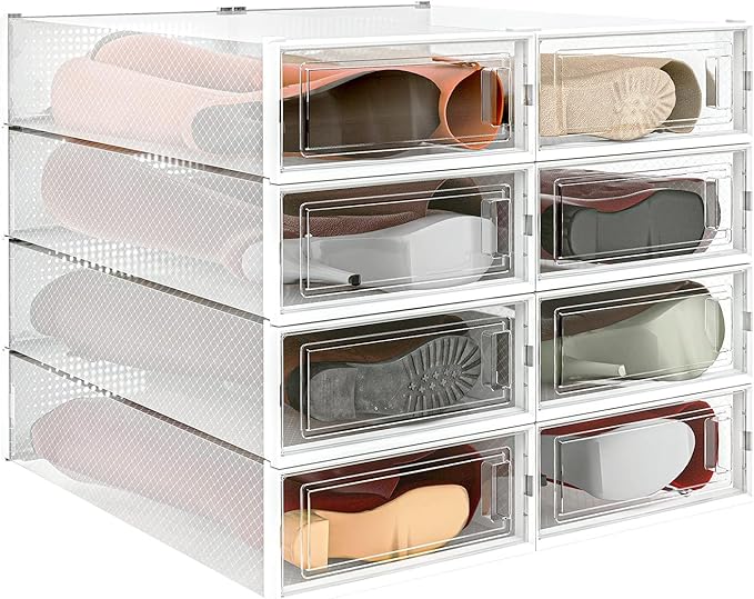 PARANTA 8-Piece Extra Large Boot and Shoe Storage Boxes, Stackable Clear Plastic Shoe Organizer, Space-Saving Shoe Boxes for Boots, Sneakers, and High Heels, Clear