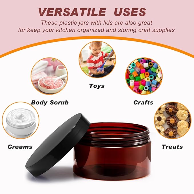 Dandat 24 Pcs 8 oz Plastic Jar Container with Lid and Label Refillable Empty Round Amber PET Cosmetic Sample Slime Containers for Lotion, Cream, Ointments, Body Butter, Makeup, Travel Storage