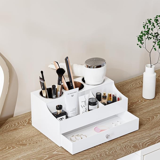 Hair Tool Organizer, Acrylic Hair Blow Dryer Holder Stand for Straightener and Curling Storage, Bathroom Vanity Countertop Organization for Makeup Accessories (White)