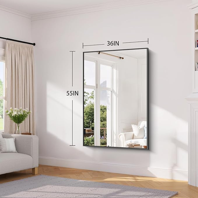 Koonmi Black Framed Bathroom Mirror - Shatterproof 36"x55" Tempered Glass, HD No Distortion, Horizontal/Vertical Mount, Modern Matte Aluminum Alloy Frame