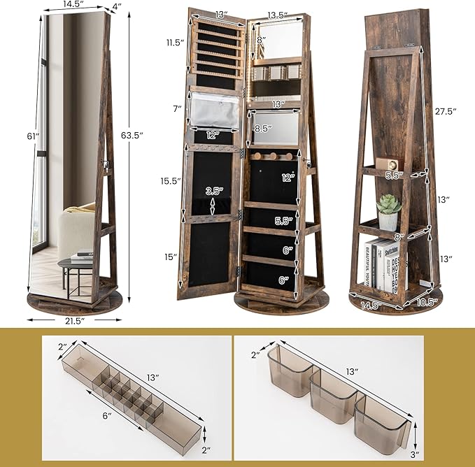GOFLAME 360° Rotating Jewelry Cabinet with Full-Length Mirror, Standing Jewelry Armoire with 3-Color LED Light and Back Storage Shelf, Lockable Jewelry Organizer for Bedroom Cloakroom, Rustic Brown