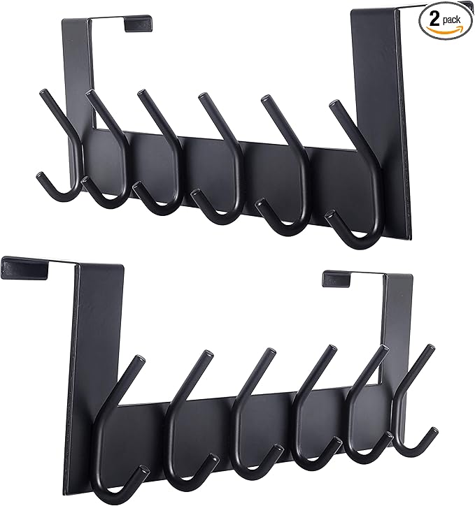 SKOLOO Over The Door Hook - 6 Hooks, No Assembly Required, Stainless Steel Door Hooks, Over Door Coat Rack for Hanging Coats Clothes Hats Robes, Black, Pack of 2