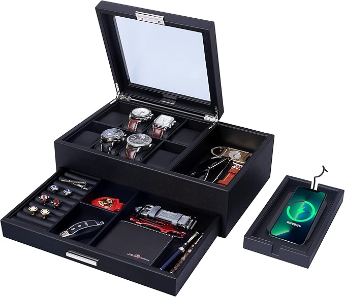 Mens Jewelry Box Valet Tray with Drawer and Charging Station Organizer,Nightstand Organizer for Men Jewelry Tray,Catchall Tray for Men Accessories