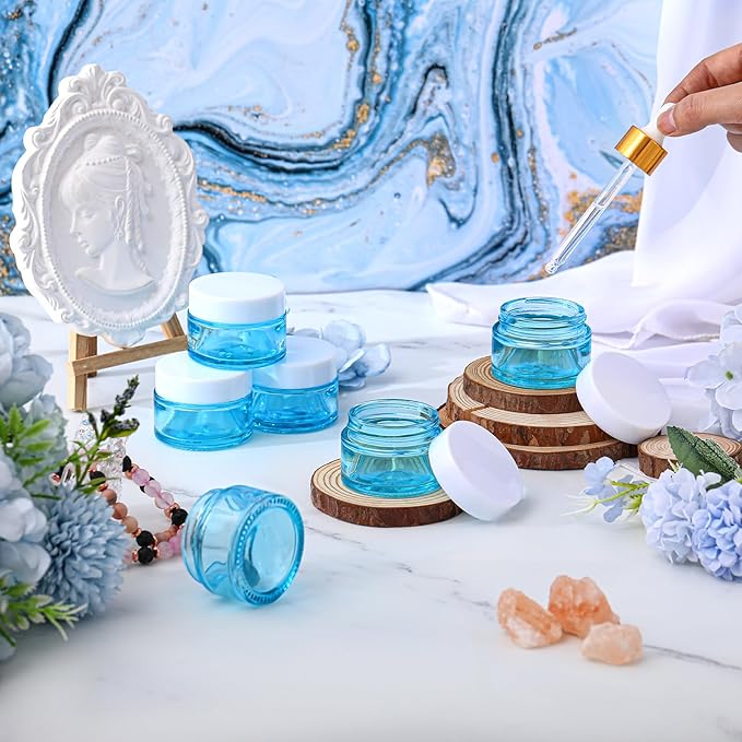 Domensi 60 Pcs 1oz Glass Jars with Lids Bulk Salve Tins Winter Cream Container Small Glass Candle Cosmetic Jars for Travel Lip Balm with Inner Liners for Lotion Sample Cream(Light Blue, White Lids)