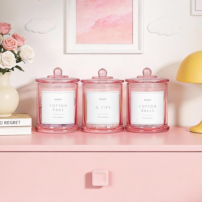 3 Pack Qtip Holder Dispenser, 16oz bathroom Organizer and Storage Canisters, Glass Apothecary Jars with Lid - Home Decor, Room Decor Aesthetic (Pink)