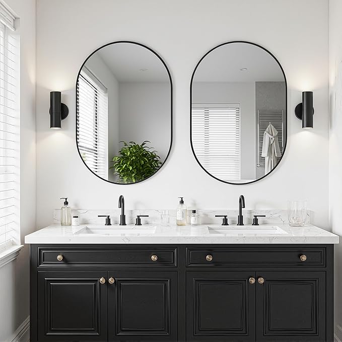 Oval Bathroom Mirror for Wall, 2 Pack 24"x36" Bathroom Vanity Mirror for Over Sink, Bedroom, Living Room, Entryway, Metal Frame & HD Shatterproof Glass, Wall Mounted Horizontally or Vertically(Black)