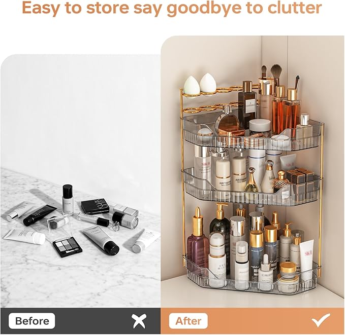 Corner Bathroom Counter Organizer with Makeup Brush Holder & Toothbrush Holders, Makeup Organizer for Vanity Countertop, Acrylic Skincare Storage Shelf (Grey, 3-Tier)