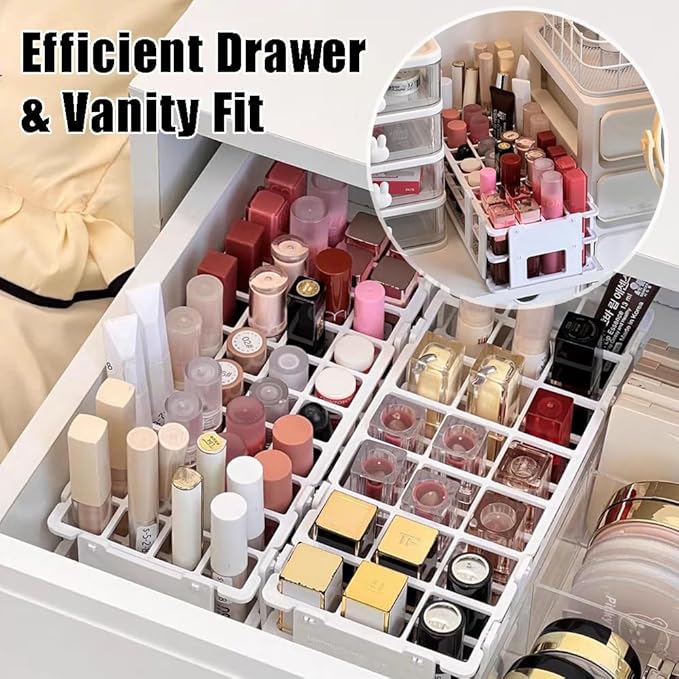 Makeup Storage Organizer Rack,Lipstick Lipgloss Display Organizer,Detachable Makeup Brush Air Drying Rack,Perfect Storage Solution for Drawer and Vanity,0.9"+0.66" (24-hole + 60-hole)