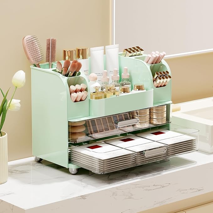 Makeup Organizer for Vanity with 2 Large Drawers, Cosmetic Display Case with Brush Holders, Easy to Storage for Bathroom Countertop Skincare, Desk Office Supplies, Green
