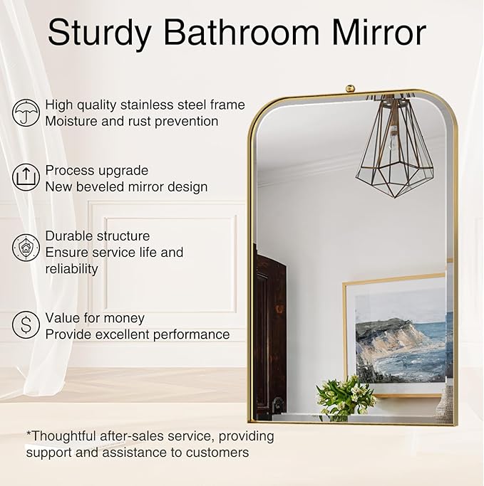 POZINO Brushed Gold Beveled Mirror, 20"x30" Arched Mirror for Over Sink, Rounded Rectangle Mirrors with Stainless Steel Frame, Brass Vanity Wall Mirrors for Bathroom Bedroom Living Room Entryway