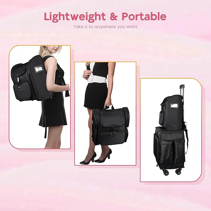 BYOOTIQUE Rolling Makeup Train Case Soft Sided Travel Cosmetic Organizer Storage with Travel Make Bag Backpack