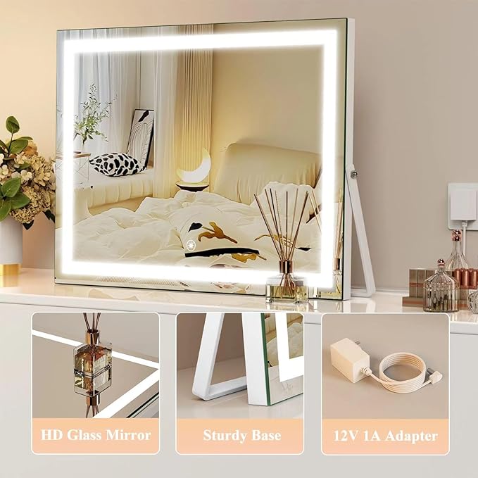 Ligheted Vanity Mirror with Lights, 14" x 10" LED Makeup Mirror, 3 Modes Light, Smart Touch Control Dimmable, 360°Rotation, Rectangle White Frame