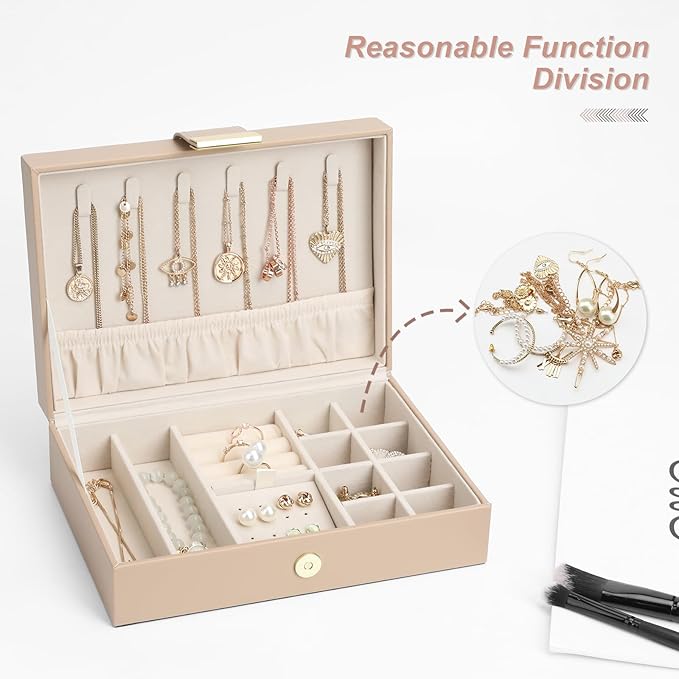 Tangle-Free Jewelry Organizer Single Layer Case with Secure Leather Strap for Necklaces, Rings, Earrings, Elegant Travel & Home Storage Apricot