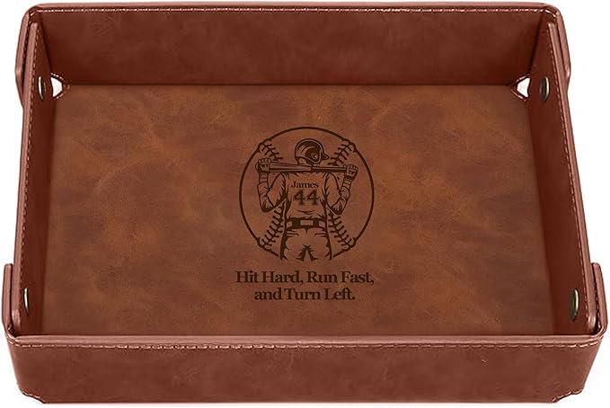 Personalized Baseball Valet Tray – Engraved PU Leather Catchall in Light Coffee – Custom Name Nightstand Organizer for Keys, Wallet, Jewelry, and Essentials – Unique Gift for Baseball Fans