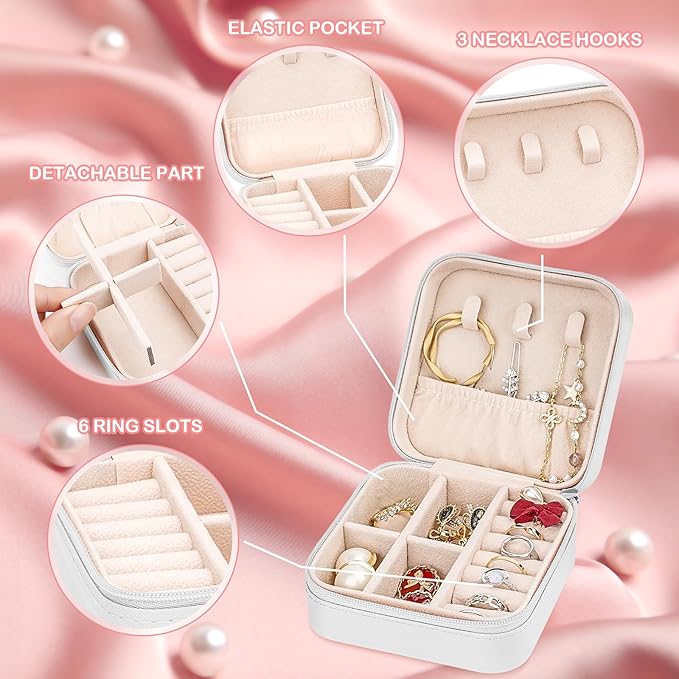Leezmark 8 Pcs Jewelry Travel Case, Bridesmaid Gifts Set Of 8, Velvet Portable Jewelry Travel Organizer Small Bridesmaid Proposal Gifts Box Mini Storage Organizer Box, Beige-white