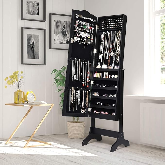 Giantex Jewelry Cabinet Armoire Lockable with Mirror, Standing Full Length Mirror with Jewelry Cabinet, 3 Adjustable Angles, Jewelry Organizer Storage Box Birthday Christmas Gifts (Black)