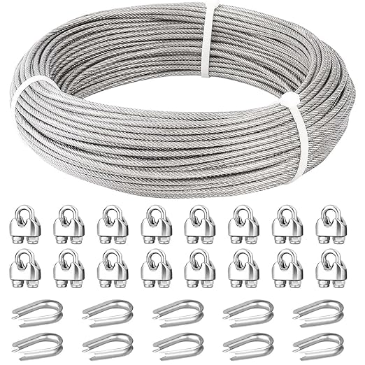 3/16 Wire Rope, 150ft Stainless Steel Cable with Wire Rope Clamps & Thimble, 3700lbs Breaking Strength, 7X19 Strands Aircraft Cable for Zipline, Deck Railing, Clothesline