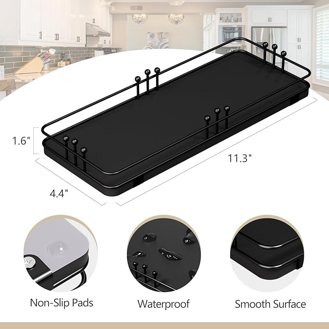 Bathroom Vanity Tray for Countertop Toiletries Perfume Makeup Soap Dispenser Toilet Tank, Kitchen Tray for Salt Spice, Black Decor Tray for Candle Nightstand Coffee 11.3”x 4.4”