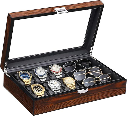 BEWISHOME 6-Slot Watch Box, 3 Mens Jewelry Box, Watch Box Organizer for Men Watch Case with Glass Lid Watch Travel Case Removable Watch Pillows, Watch Display Case, Watch Storage Brown SSH15Y