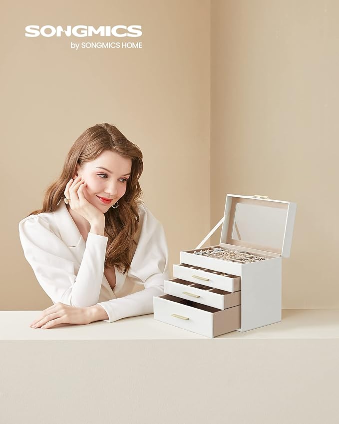 SONGMICS Jewelry Box Organizer with Glass Lid, 4-Layer Jewelry Storage, with 3 Drawers, Modern Style, 6 x 9.9 x 8.5 Inches, Cloud White and Gold Color UJBC161W01