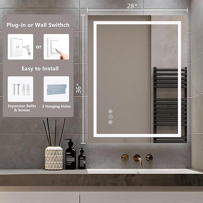 28" x 36" LED Lighted Bathroom Mirror - Backlit + Front Lit Dimmable Vanity Mirror with 3 Color Temperature, Anti-Fog, Memory Function, Shatter-Proof Tempered Glass Wall Mounted LED Mirror