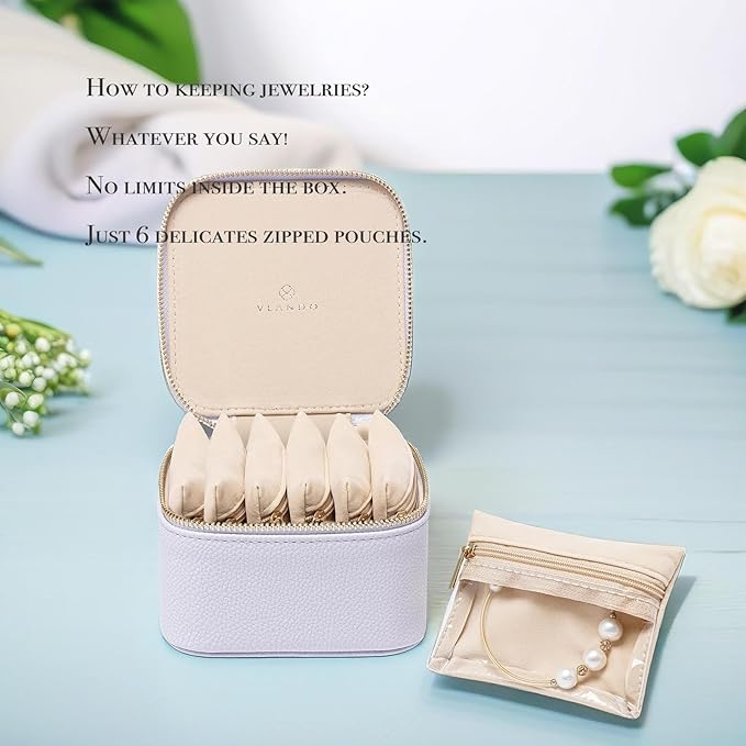 Vlando Travel Jewelry Box Organizer - 6 Small Velvet Zipped Pouches Pockets for Jewelries Necklaces Rings Earrings Sorting Storage, Lilac Purple