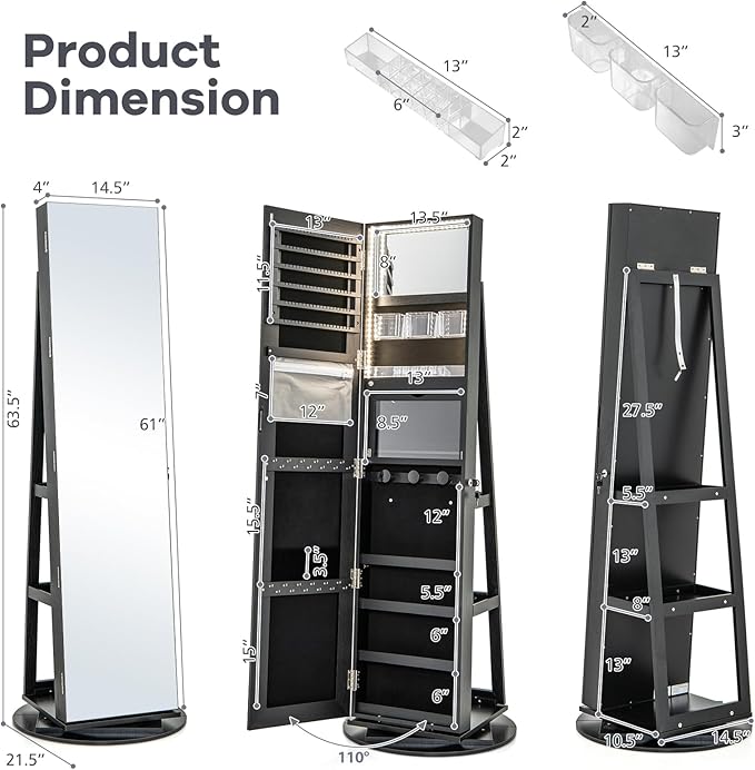 CHARMAID 360° Swivel Jewelry Armoire with Full Length Mirror, Rear Storage Shelves, Lockable Standing Jewelry Cabinet Organizer with Interior Vanity Mirror and 3-Color Lights (Black)