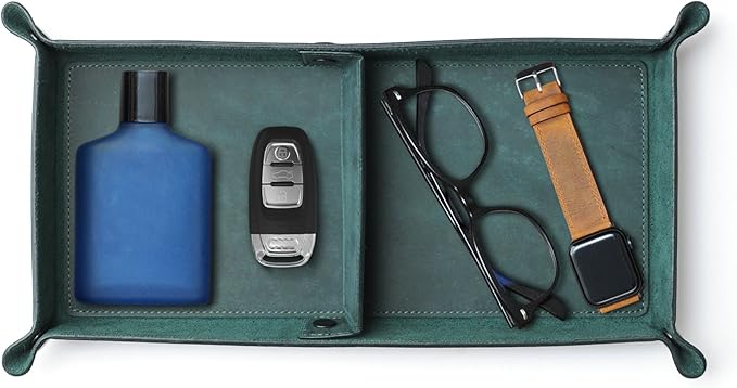Handmade Leather Catch All Tray, Customizable Handcrafted Genuine Leather Valet Tray and Organizer for Keys, Phones, Jewels, Coins, Rectangular, Green