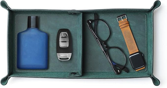 Handmade Leather Catch All Tray, Customizable Handcrafted Genuine Leather Valet Tray and Organizer for Keys, Phones, Jewels, Coins, Rectangular, Green