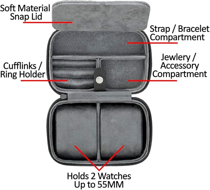 ROTHWELL Gift Set 6 Slot Leather Watch Box and 2 Watch Travel Case - Luxury Case Organizer, Microsuede Liner, Locking Mens Jewelry Watches Holder, Storage Boxes Glass Top (Black/Grey Gift Set)