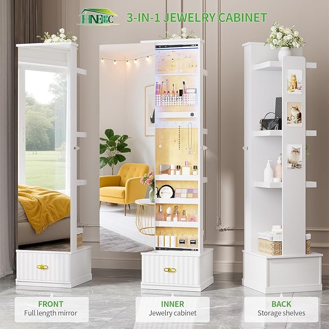 HNEBC Mirror Full Length with Stand, Jewelry Organizers and 4 Storage Racks, Jewelry Cabinet with Drawes,Ring-Necklace-Earring Holder, Jewelry Armoire with Lights for Bedroom/Cloakroom (White)