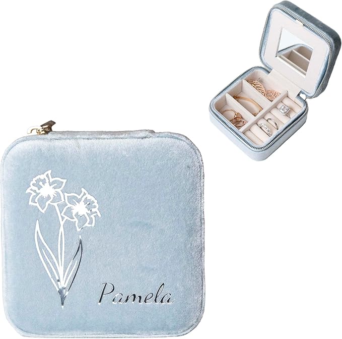 Customizable Compact Velvet Jewelry Box with Mirror, Travel Jewelry Case, Travel Jewelry Organizer, Jewelry Box for Women and Girls, Small Jewelry Organizer (Flower Design, Powder Blue)