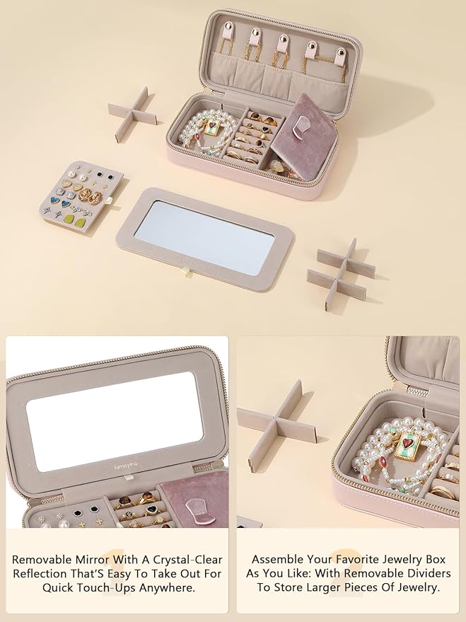 Travel Jewelry Case with Mirror, Quilted Small Jewelry Box Organizer for Women Girls, Portable Earring Necklace Bracelet Ring Holder Storage for Travel, Gifts for Her (Blush Pink)