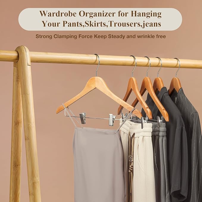 Wooden Hangers with Adjustable Heavy Duty Clips - 12 Pack Pants, Skirt, Jeans, Slacks, Shorts Hangers (Natural)