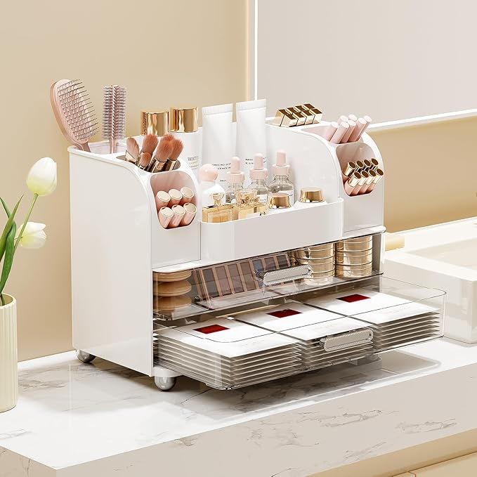 Makeup Organizer for Vanity with 2 Large Drawers, Cosmetic Display Case with Brush Holders, Easy to Storage for Bathroom Countertop Skincare, Desk Office Supplies, White