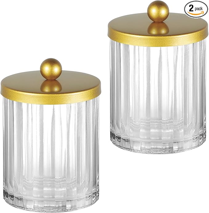Amolliar Qtip Holder Dispenser for Bathroom, Clear Glass Canister Apothecary Jar for Cotton Swabs, Cotton Balls, Makeup Pads, Floss Picks, Container for Countertop Vanity Storage Organizer,Gold 2 Pack
