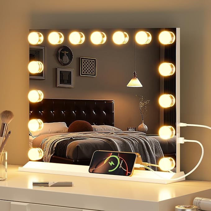 Vanity Mirror with Lights, Makeup Mirror with USB/Type-C Charging, Large Hollywood Mirrors w/ 15 LED Bulbs & 5X Magnifier, LED Mirrors for Bedroom Tabletop & Wall Mounted