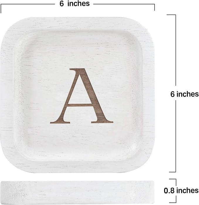 I'm Wooden Personalized Letter Catchall Valet Tray Trinket Dish Jewelry Tray Key Bowl Decorative Plate Organizing Ring Earrings Necklaces Bracelet Watch Coins Wallet Holder (6"x6" Sq White A)